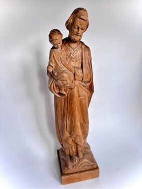 Hand-Carved Wood Saint and Child Statue - Natural Brown